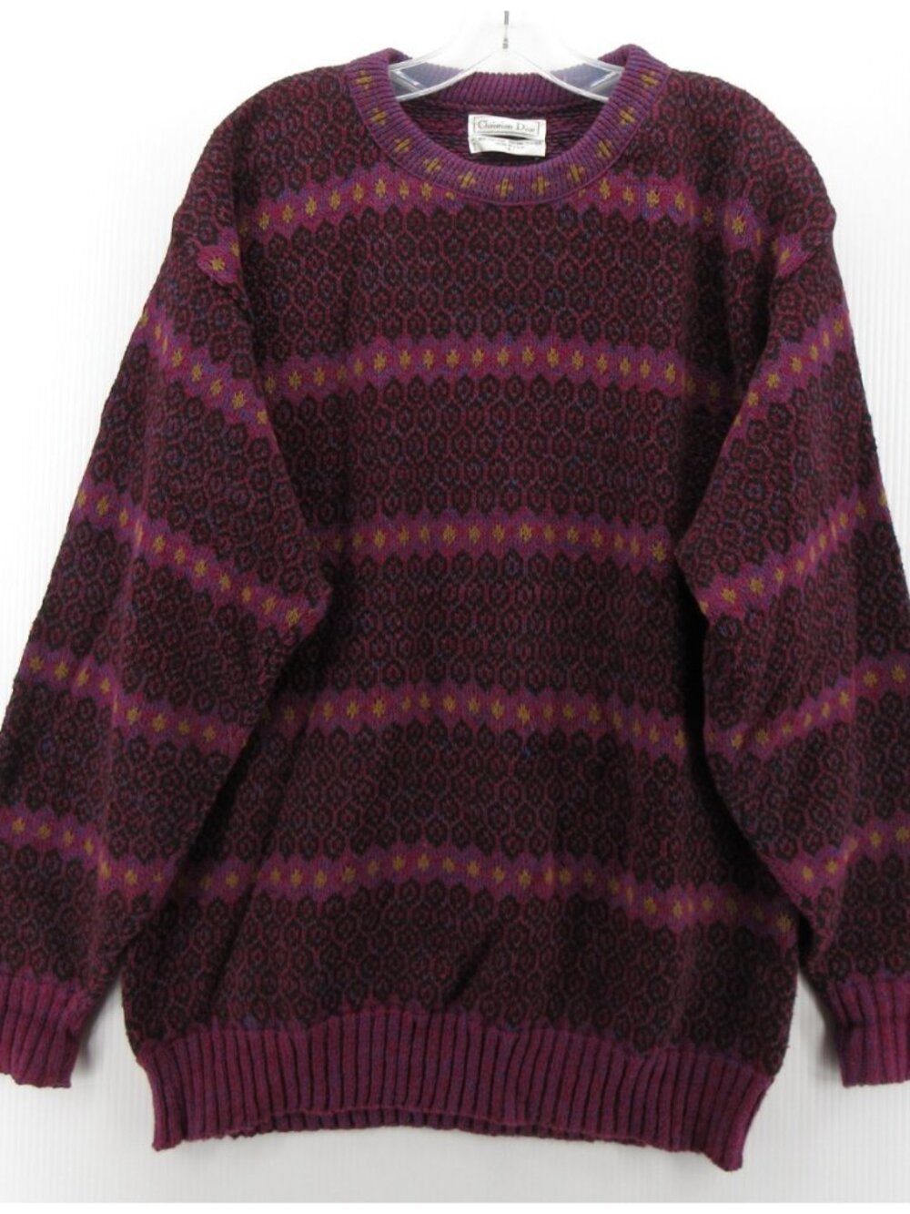 VINTAGE Christian Dior Sweater Large Purple Pullover Nordic Geometric *